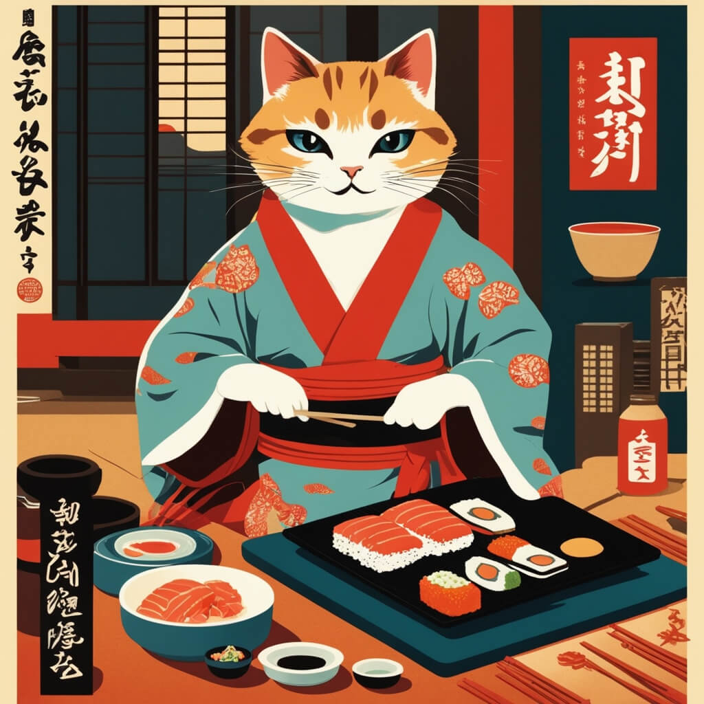 dibujo del gato comiendo la comida japonesa, hecho en un estílo tradicional japonés 