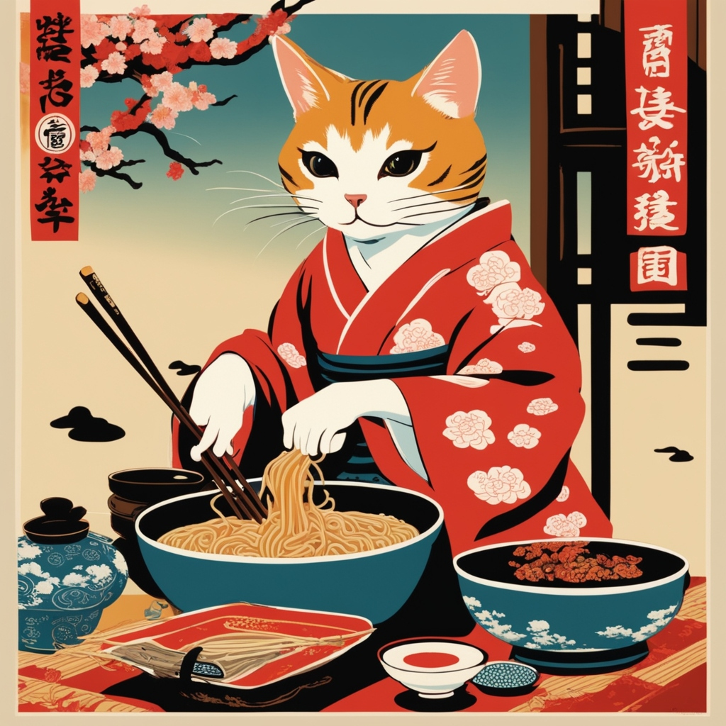 dibujo del gato en kimono preparando el ramen