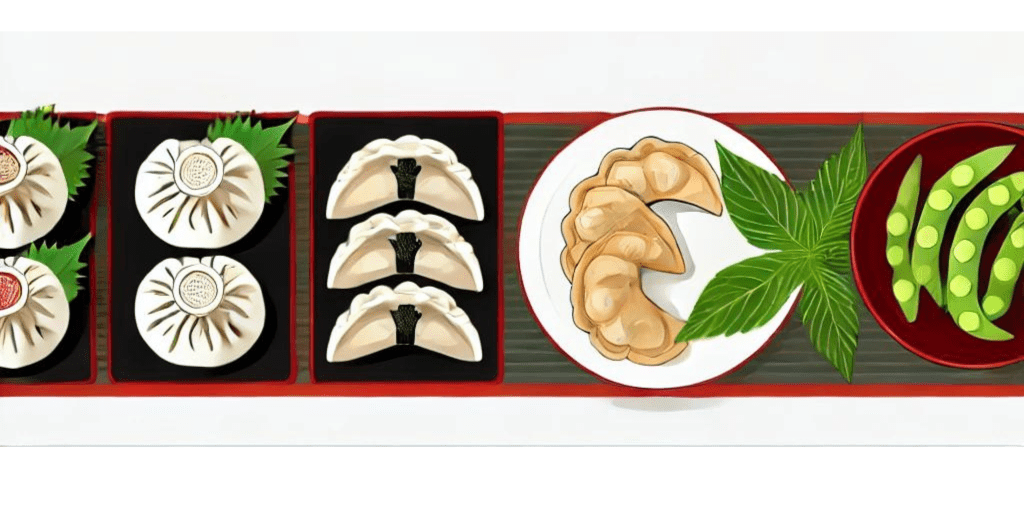 dibbujo de una mesa con gyozas, bao buns, bollos rellenos